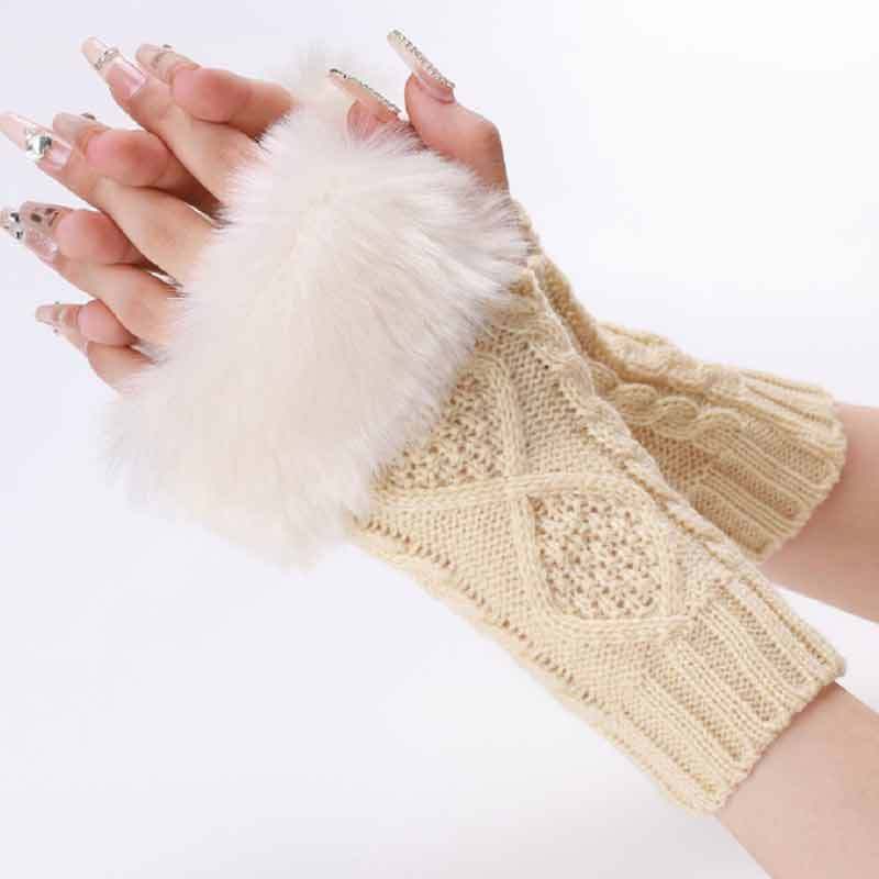 Women's Plush Fingerless Gloves Ribbing Knit Crochet Autumn Winter Warm
