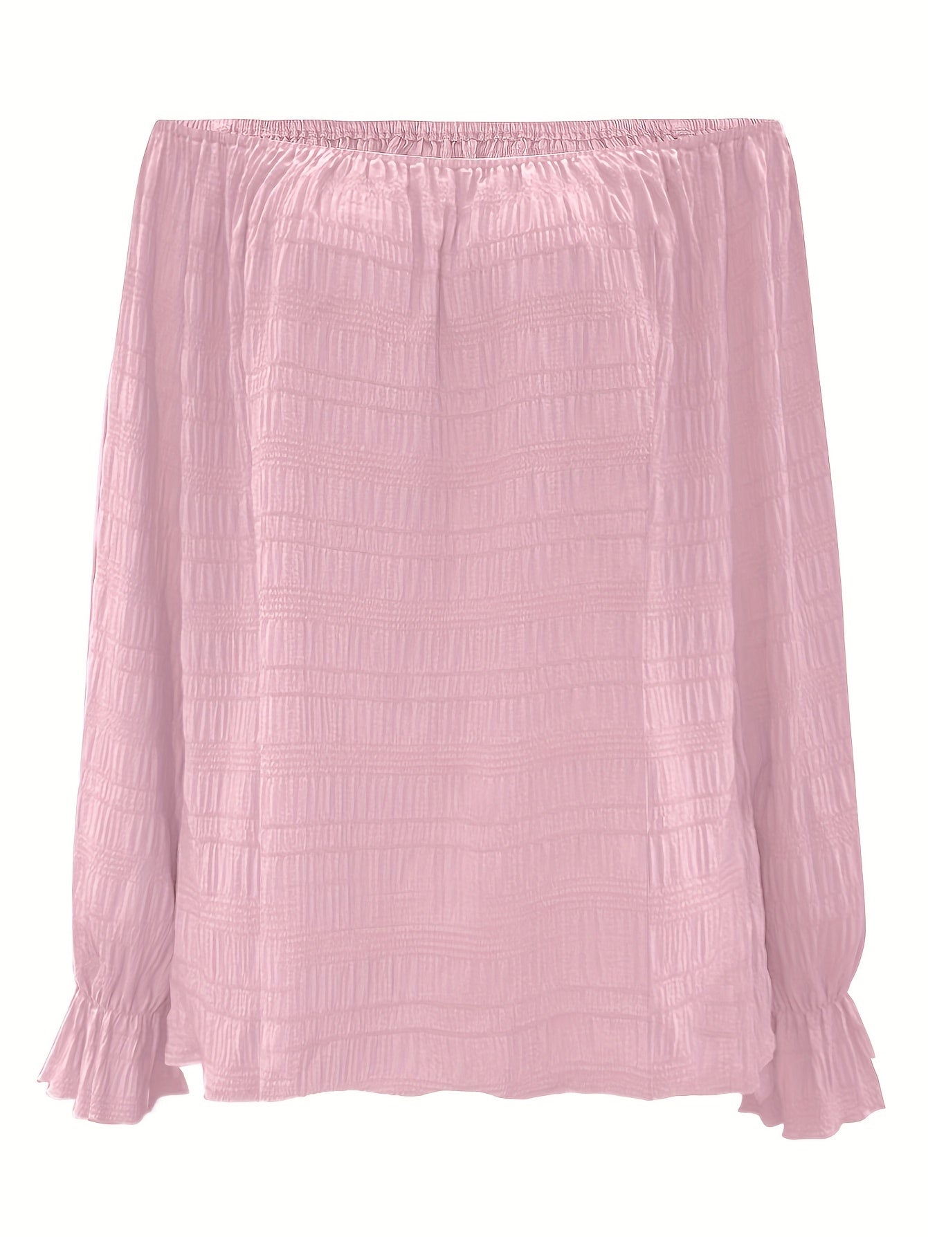  Solid Crinkle Lantern Sleeve Off Shoulder Top
