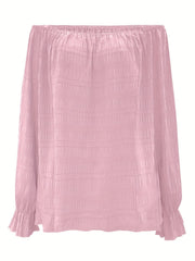  Solid Crinkle Lantern Sleeve Off Shoulder Top
