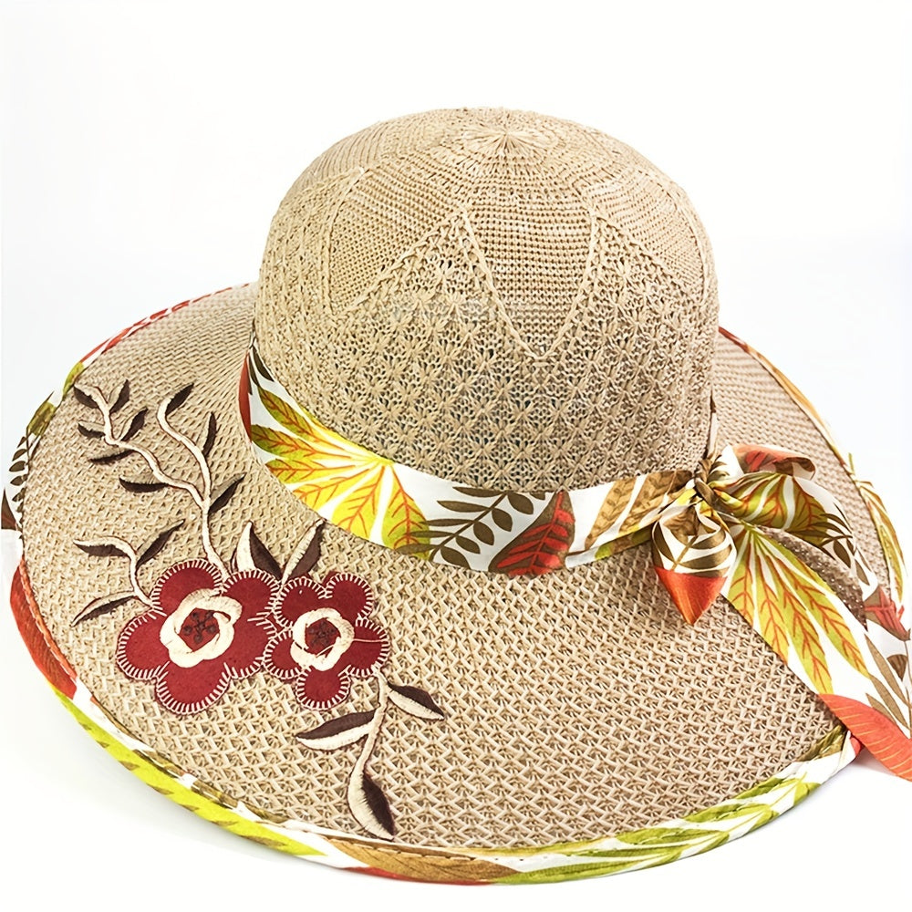Vintage Flower Embroidery Sun Hat Beige Hollow Crochet Straw Hat UV Protection