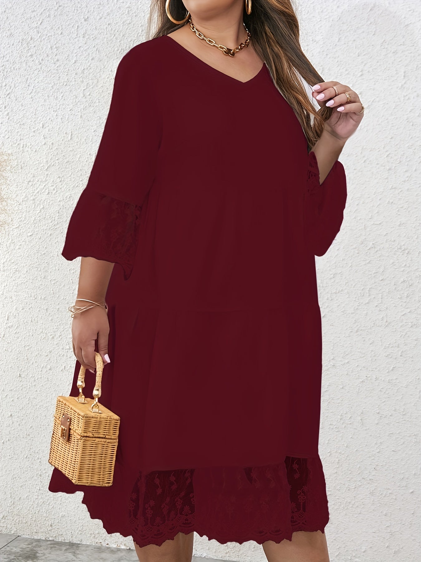 Casual Dress Women's Plus Lace Sleeve V Neck Smock Dress