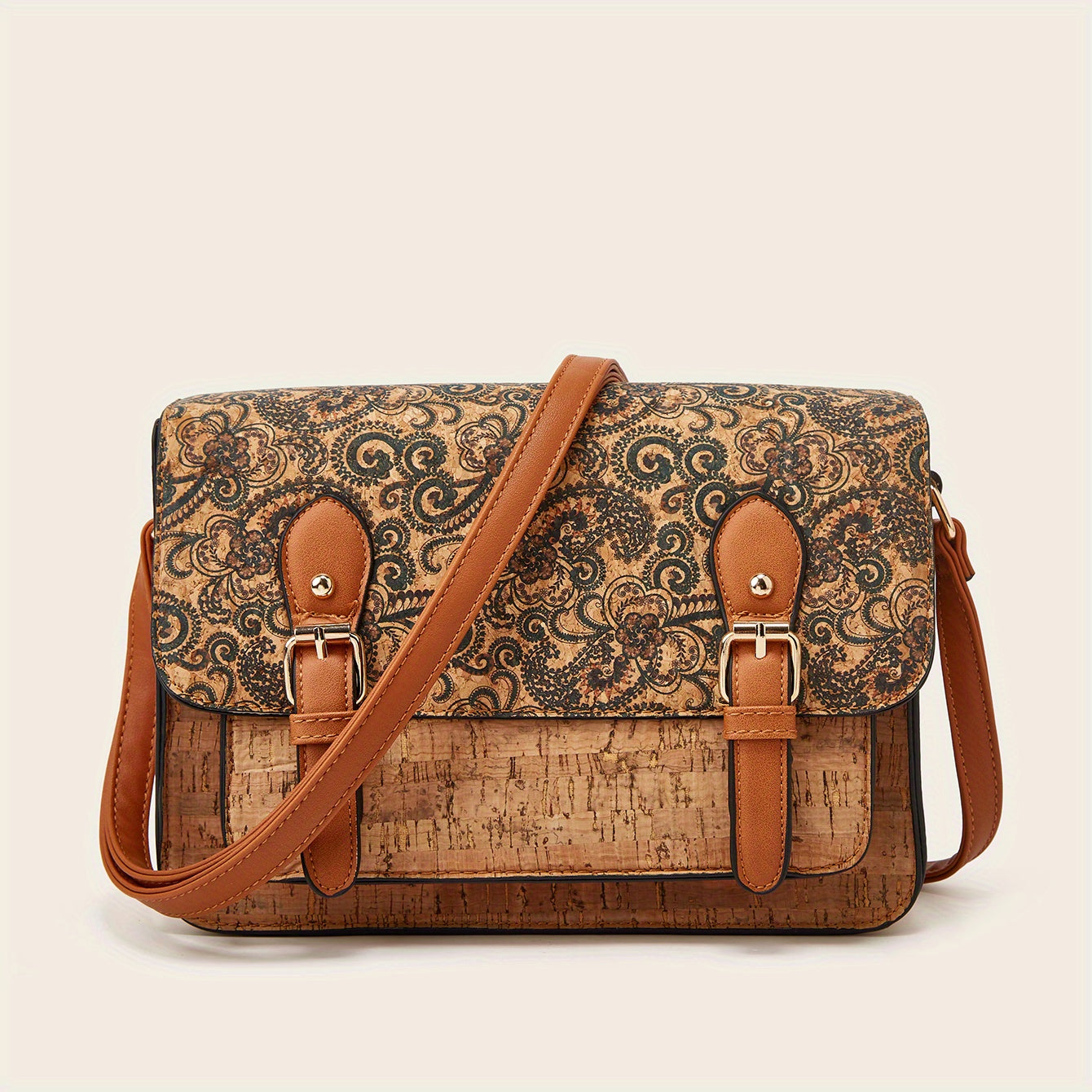 Vintage Flower Print Crossbody Bag Buckle Shoulder Bag