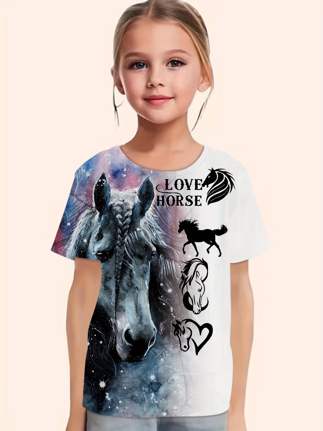 Girls Horse Pattern Short Sleeve T-shirt for Summer Sports