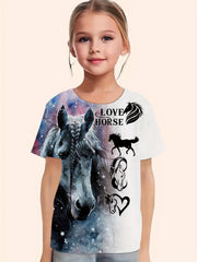 Girls Horse Pattern Short Sleeve T-shirt for Summer Sports
