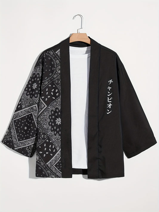 Men's Paisley & Japanese Letter Print Kimono Style Shirt