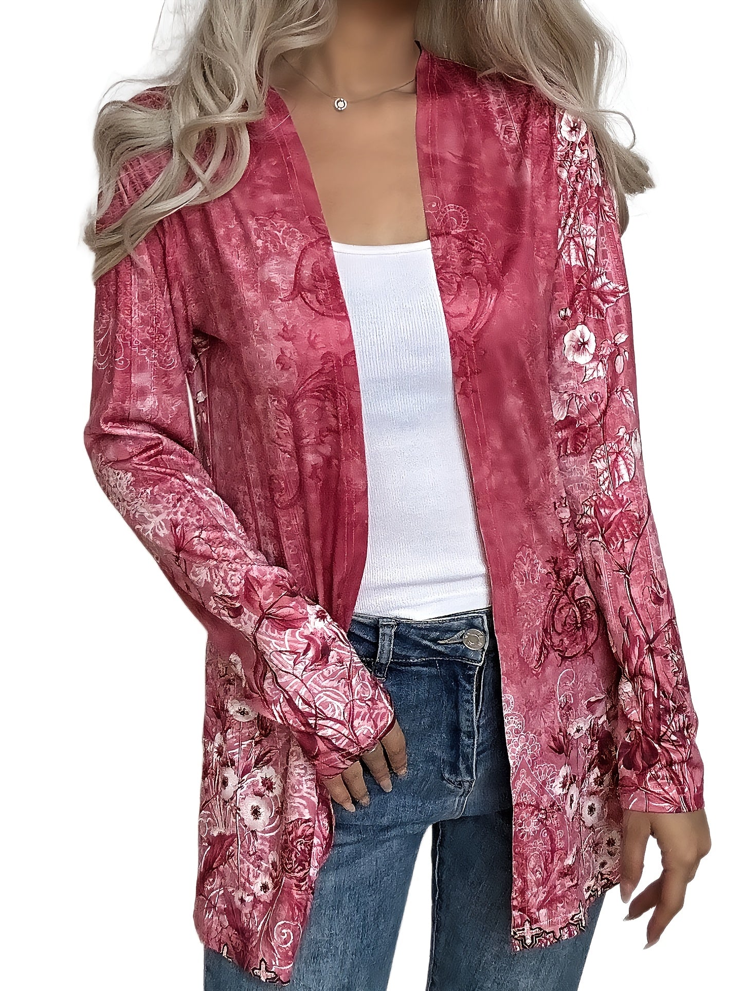  Floral Print Long Sleeve Open Front Cardigan