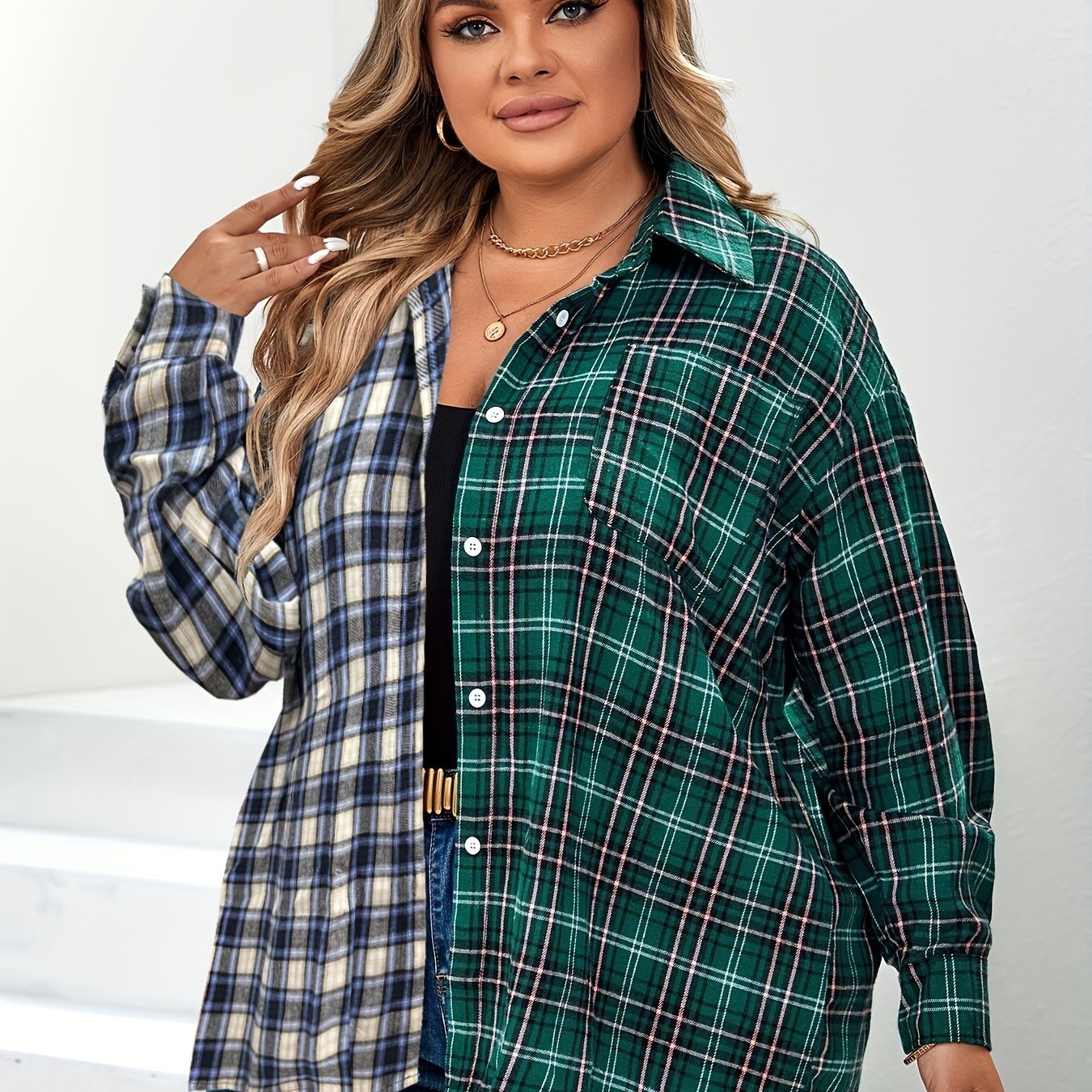  Casual Blouse Women's Plus Colorblock Plaid Print Long Sleeve