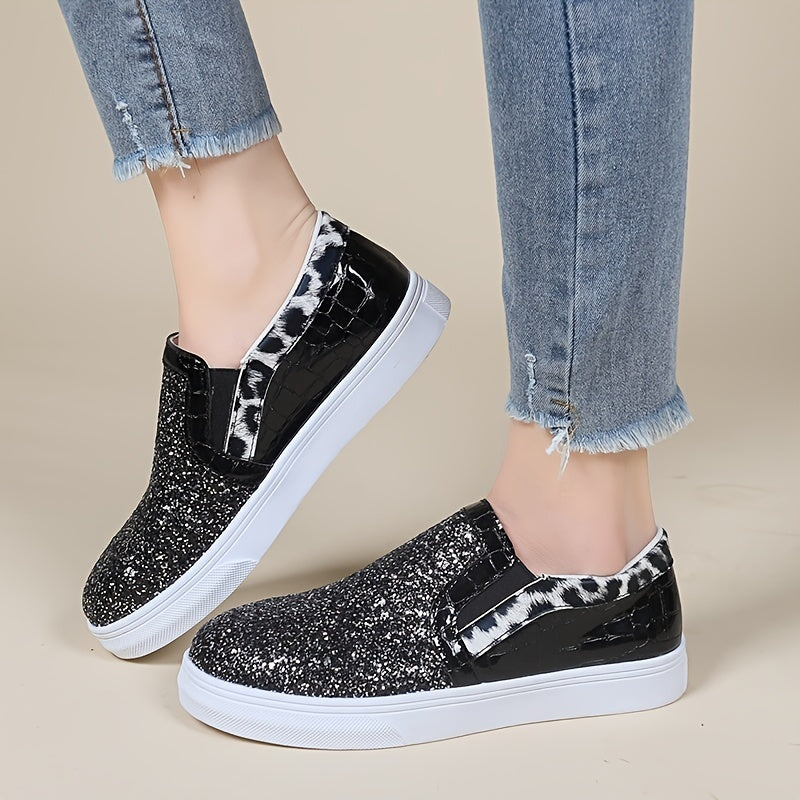 Women's Sequins Flat Loafers Slip On Low Top Sneakers Casual Canvas Shoes