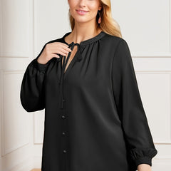  Casual Blouse Women's Plus Solid Lantern Sleeve Tie Front V Neck