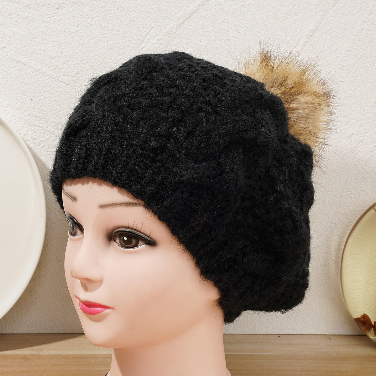 Women's Woolen Beanie Hat with Faux Fox Fur Pom Pom