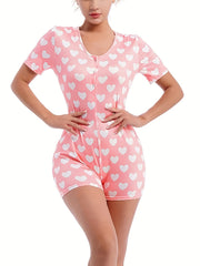 Heart Print Lounge Romper Sexy Short Sleeve Buttons Romper Women's Loungewear