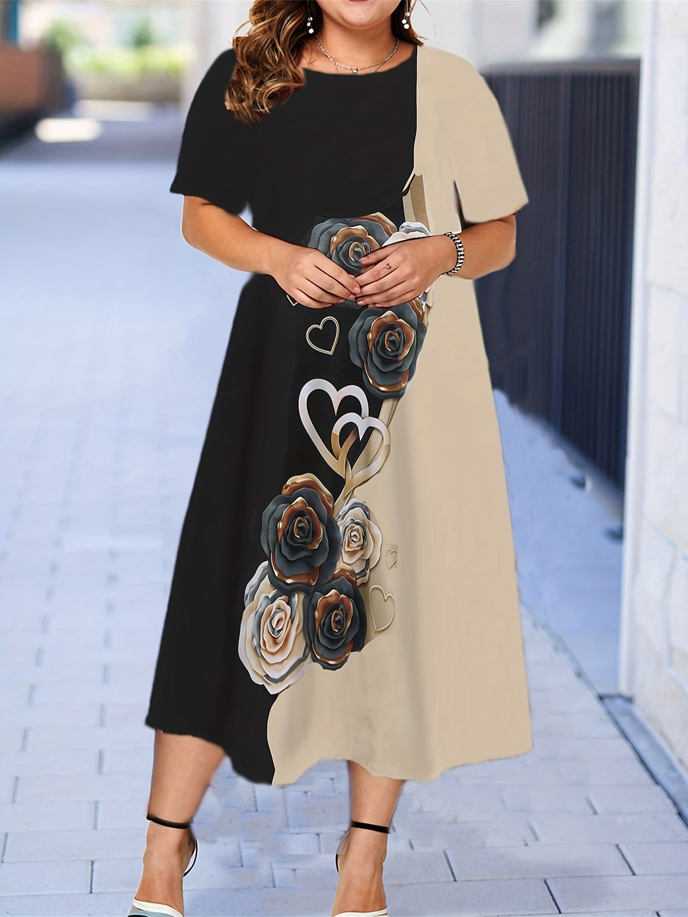  Colorblock Floral Print Short Sleeve Midi Dress