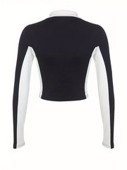 Letter Print Block Zip Up Long Sleeve Y2K Top
