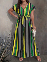  Colorblock Dot Print V Neck Jumpsuit