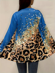  Colorblock Glitter Leopard Print Open Front Cardigan