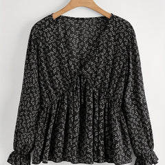  Casual Blouse Ditsy Print Lantern Sleeve V Neck Peplum Top