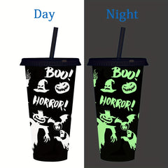 Luminous Plastic Water Cup With Straw And Lid For Camping
