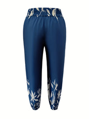  Leaf Print Top & Pants Outfits Set Women's Plus Two Piece Set