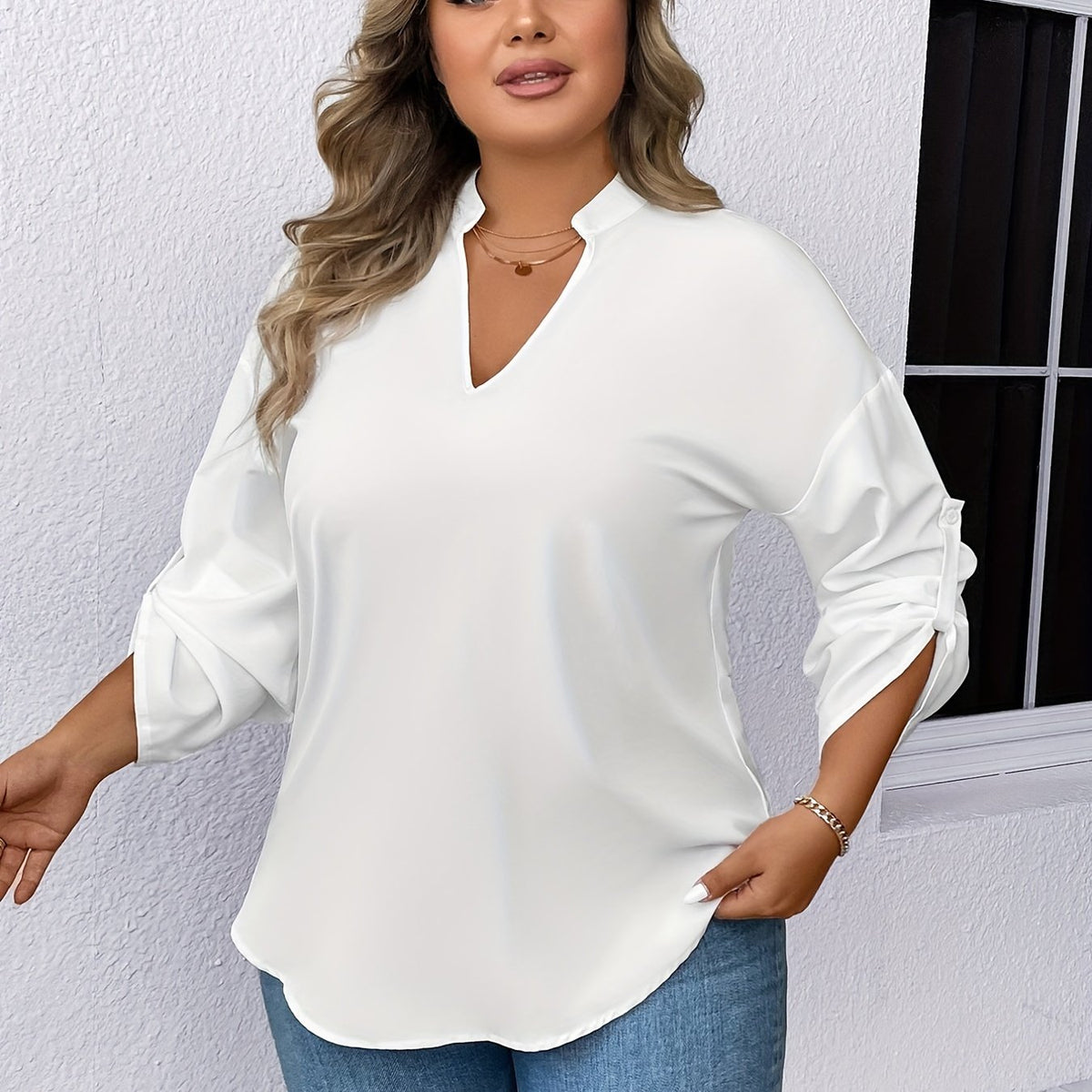  Solid Roll Up Sleeve Notched Neck Tunic Top