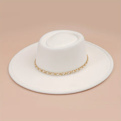 Classic Chain Decor Felt Hat Flat Brim Top Hats Solid Trilby Hat