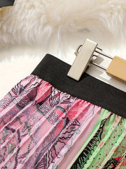 Patchwork Print Elastic High Rise Pleated Maxi Skirt