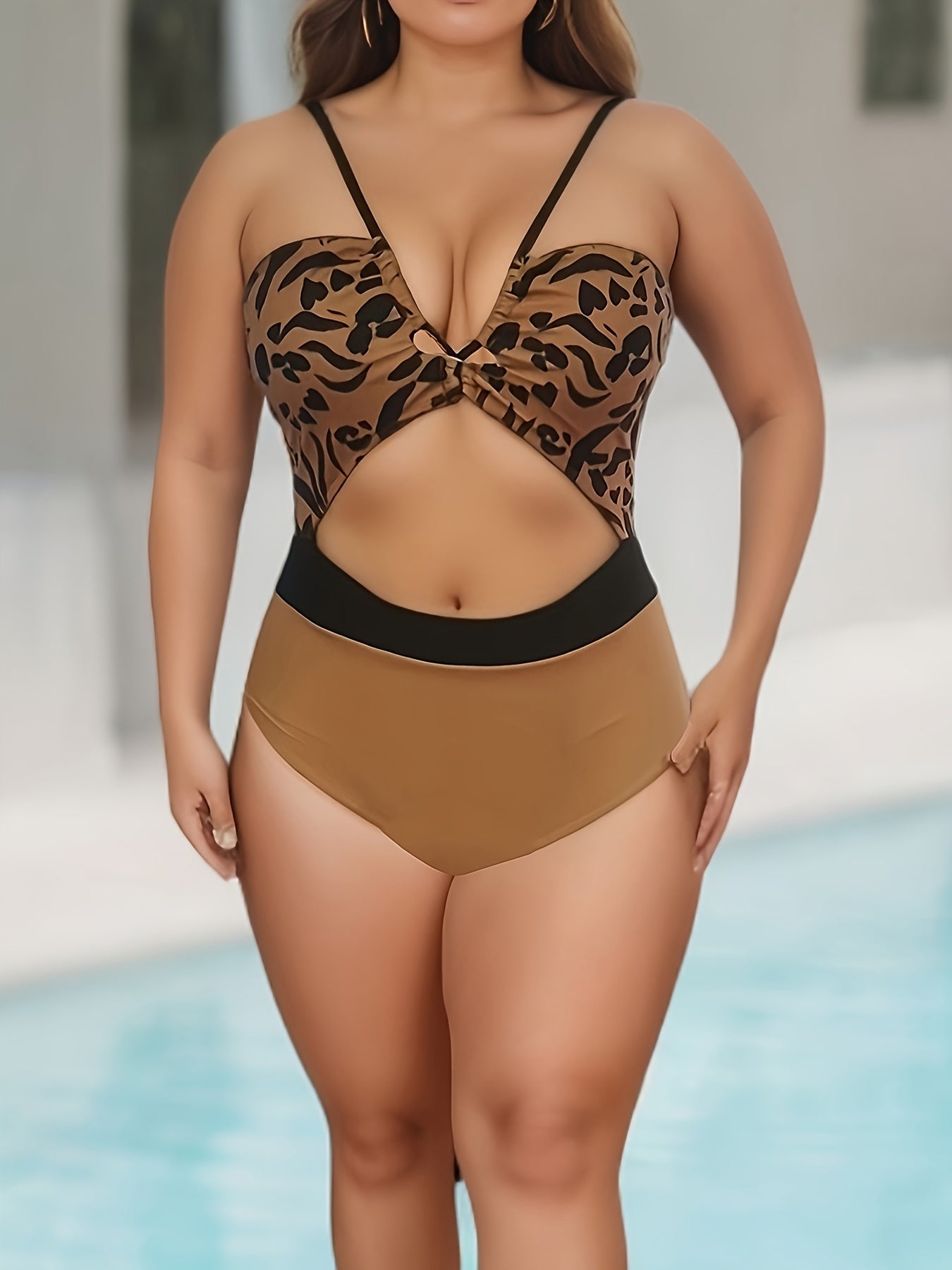  Casual One Piece Swimsuit Printed V Neck Cut Out Cami