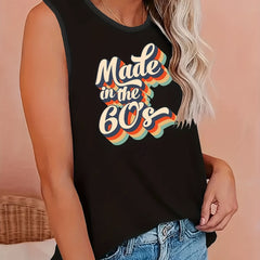 Women's Plus Art Letter Print Tank Top 60's 70's 90's Round Neck