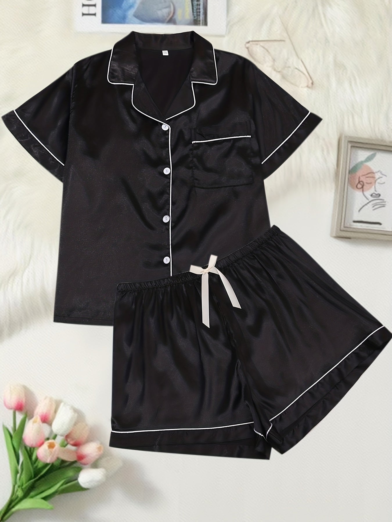  Satin Pajama Set Short Sleeve Shirt & Shorts Lounge Set