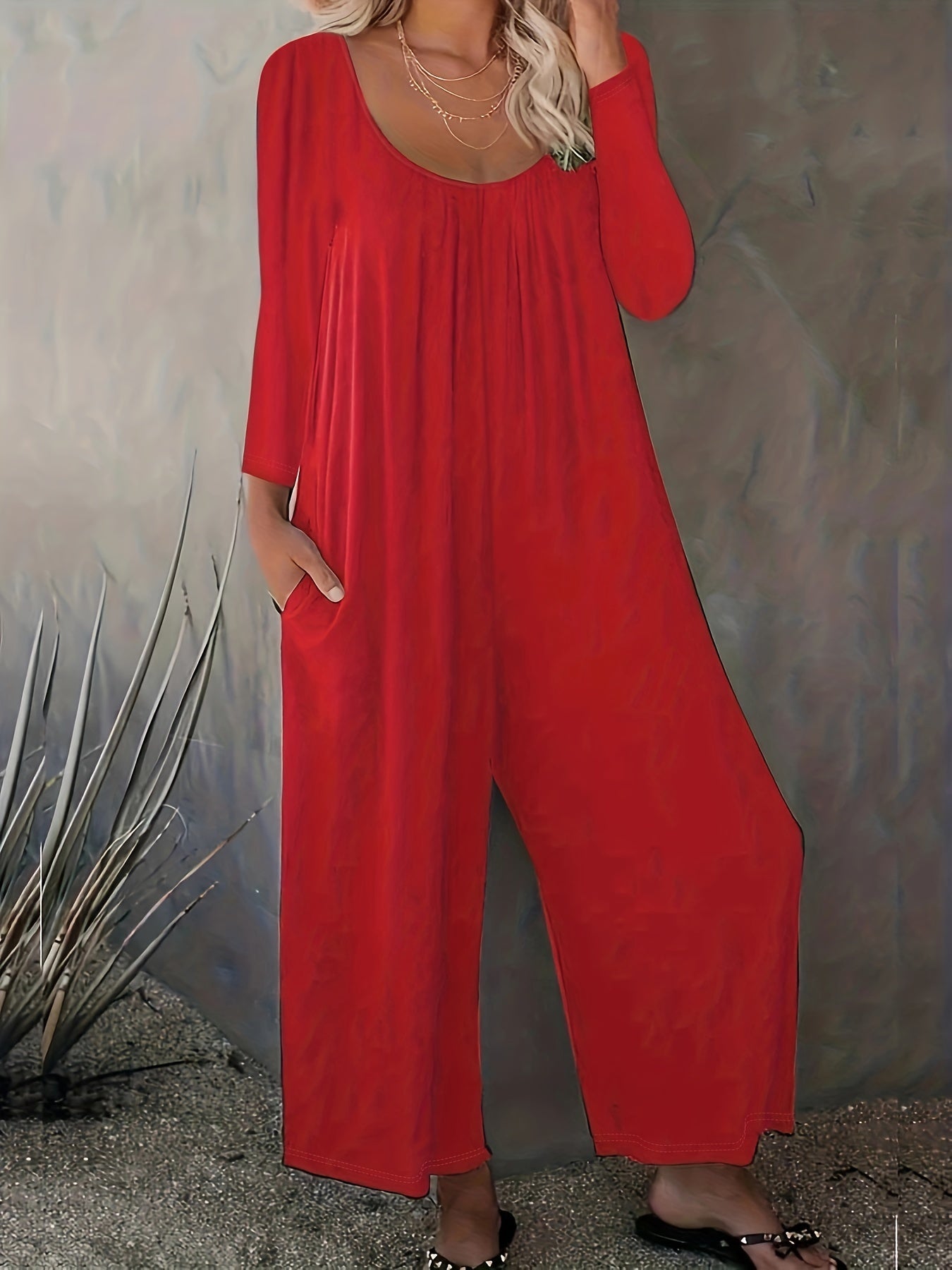  Solid Long Sleeve Round Neck Wide Leg Jumpsuit