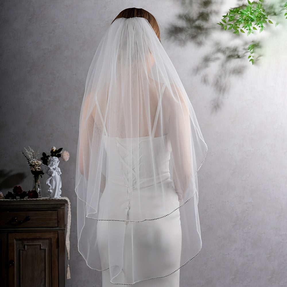 Double Layer Rhinestone Bridal Veil Wedding Accessory for Ladies Church