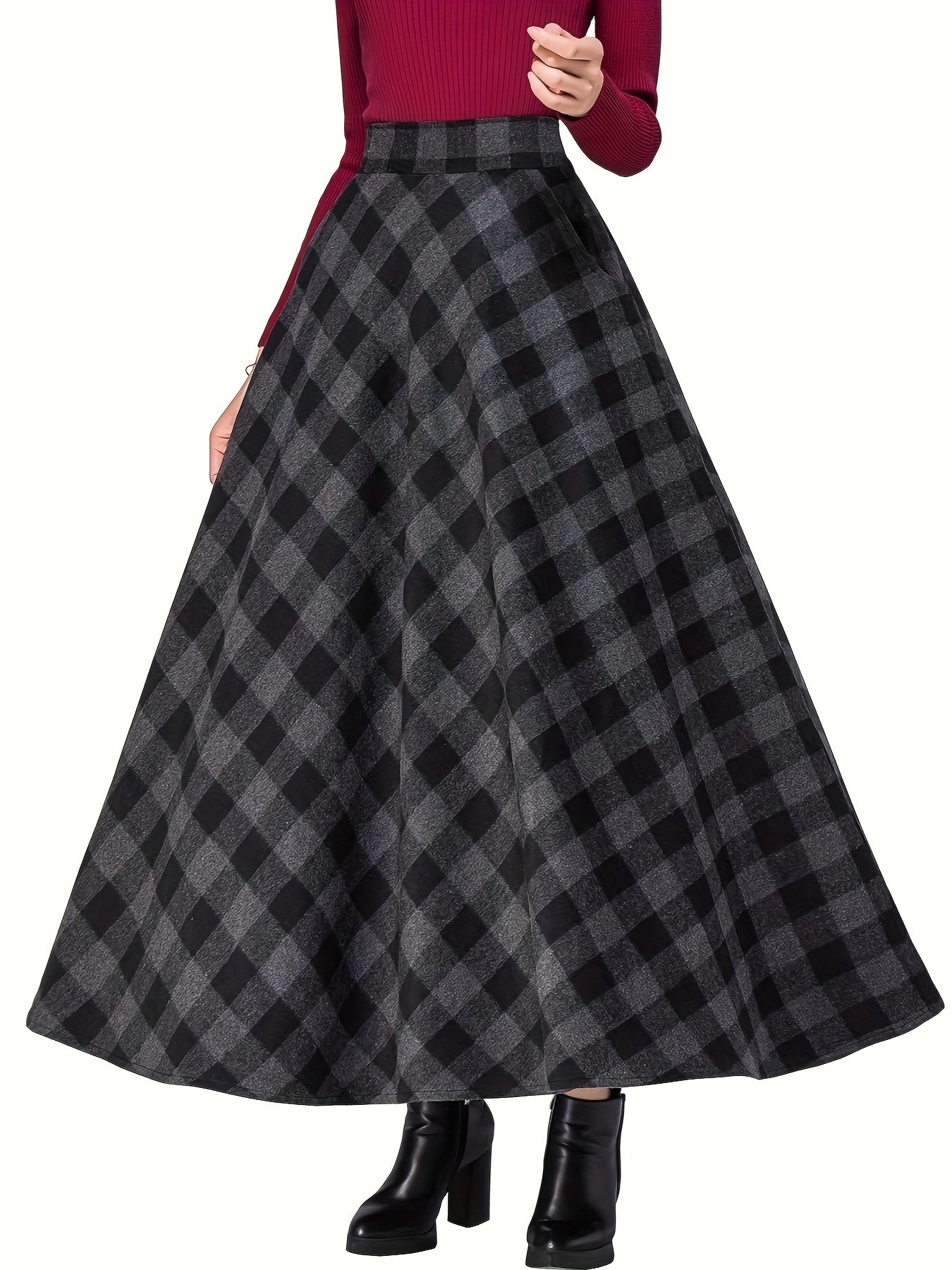  Women's Plaid Print Elastic Waist A-line Swing Skirt