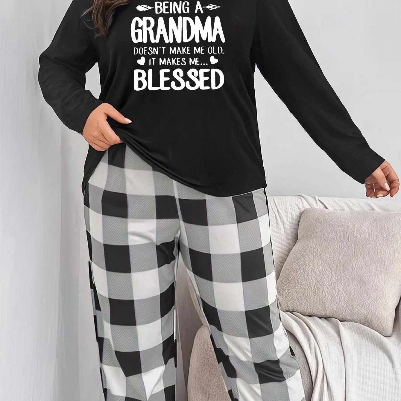  Colorblock Gingham & Slogan Print Long Sleeve Tee & Pants Pajama Set
