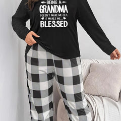  Colorblock Gingham & Slogan Print Long Sleeve Tee & Pants Pajama Set