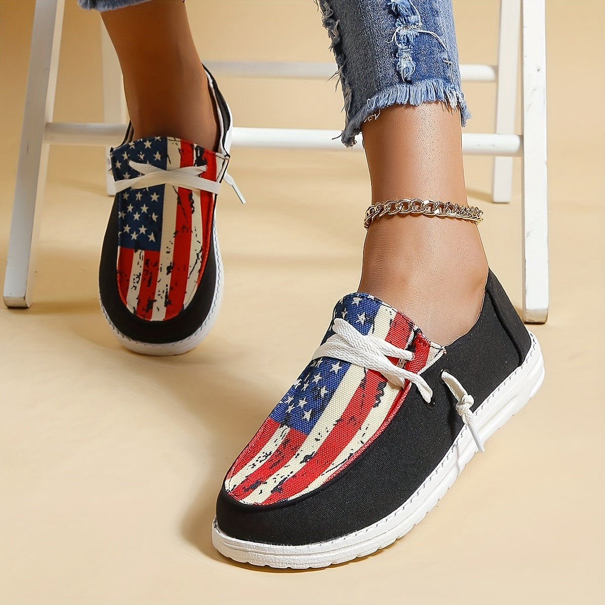 Women's Flag Pattern Canvas Lace Up Low Top Flat Loafers