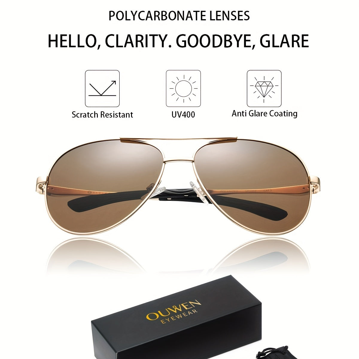 OUWEN Golden Frame Tea Lens Aviator Sunglasses for Men