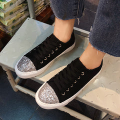 Silver Sequin Decor Canvas Lace-Up Skate Shoes Women's Footwear