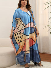  Boho Cover Up Geo Print Split Kaftan Cover Up Dress