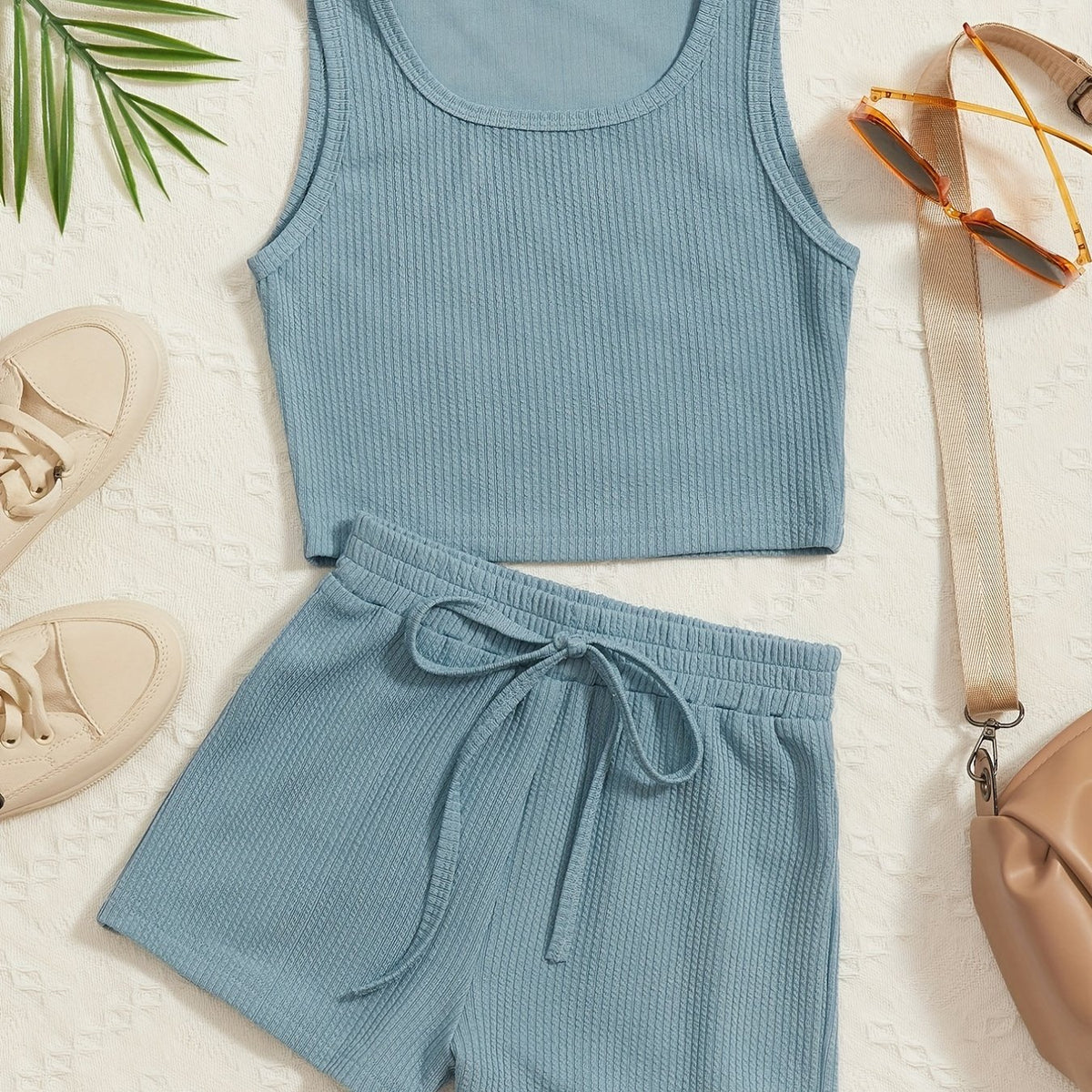 Girl's Ribbed Tank Top & Shorts Set Solid Casual Outfits for Summer