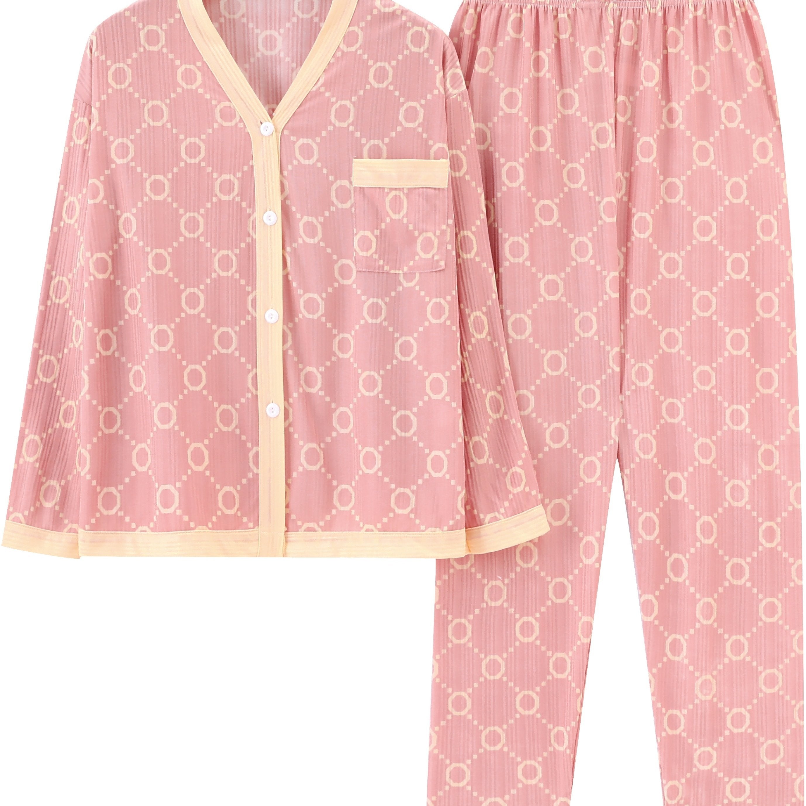  Colorblock Geometric Print Pajama Set