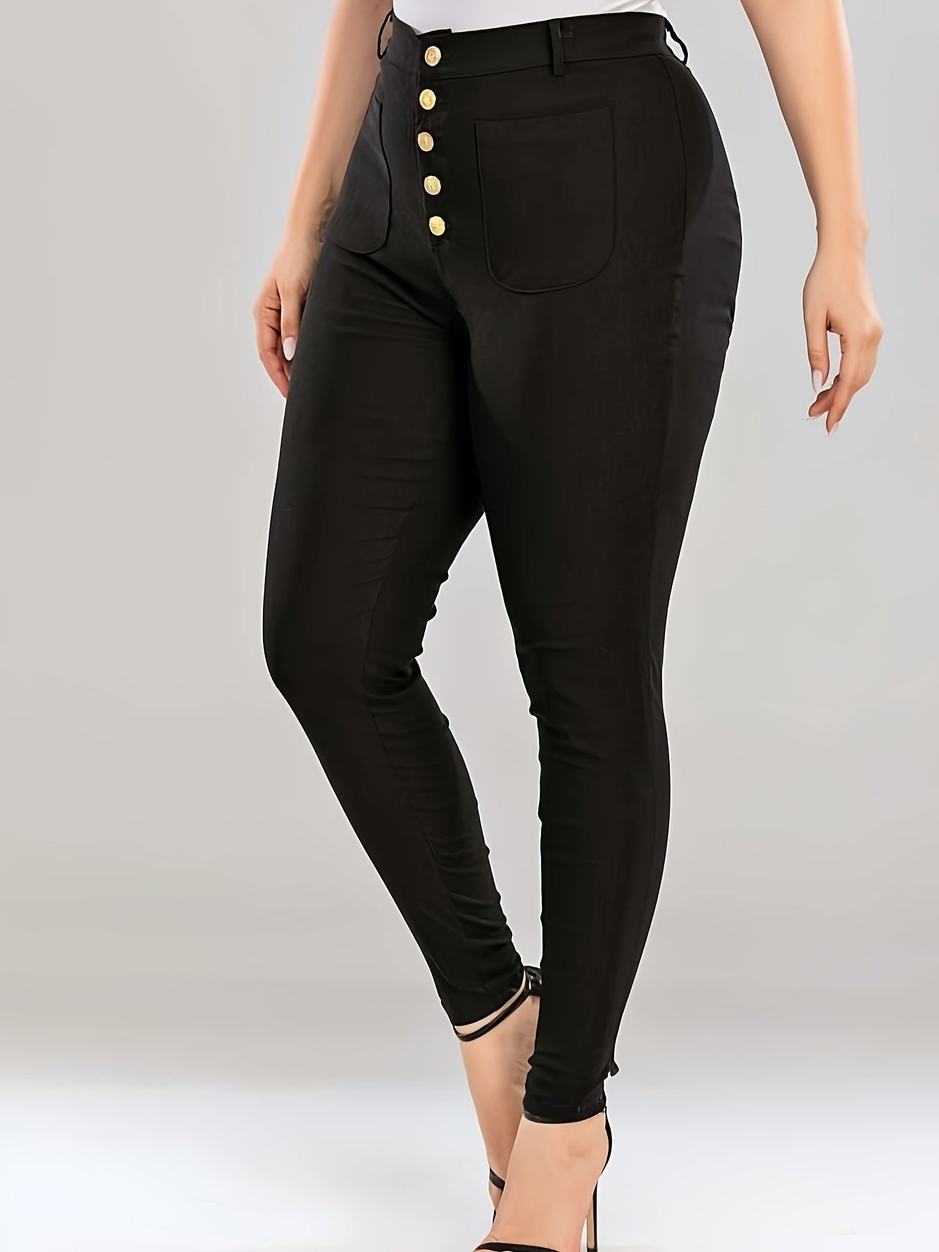Solid High Waisted Button Skinny Pants Plus Size