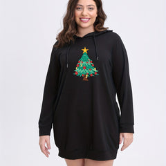  Christmas Casual Dress Women's Plus Tree Print Hooded Sweatshirt Dress