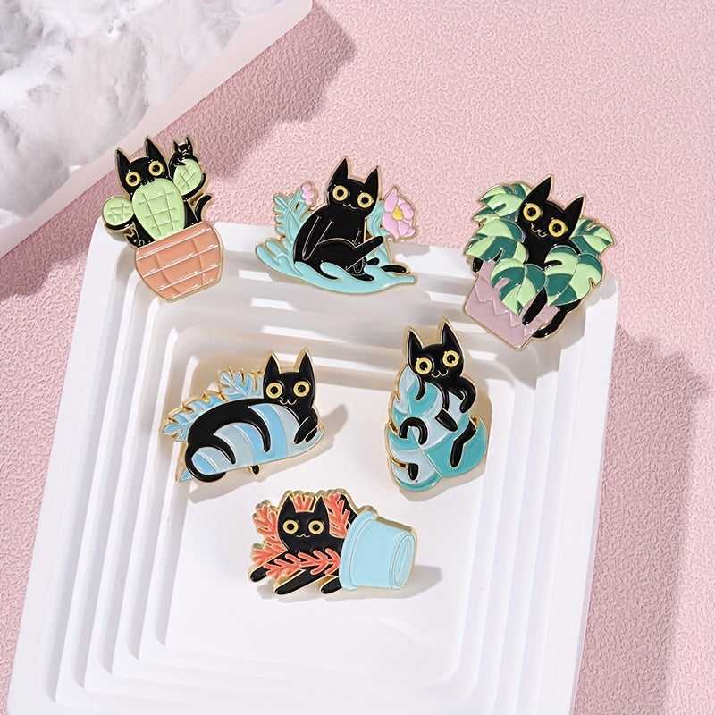 Cat Plant Enamel Pin Green Brooch Flower Jewelry Metal Lapel Pin
