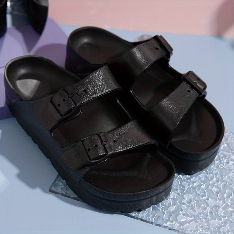 Women's Platform Footbed Sandals Double Buckle Slides Thick Bottom Slippers