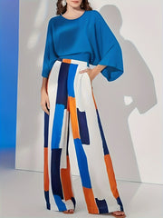  Solid Batwing Sleeve Top & Geo Print Wide Leg Pants Set