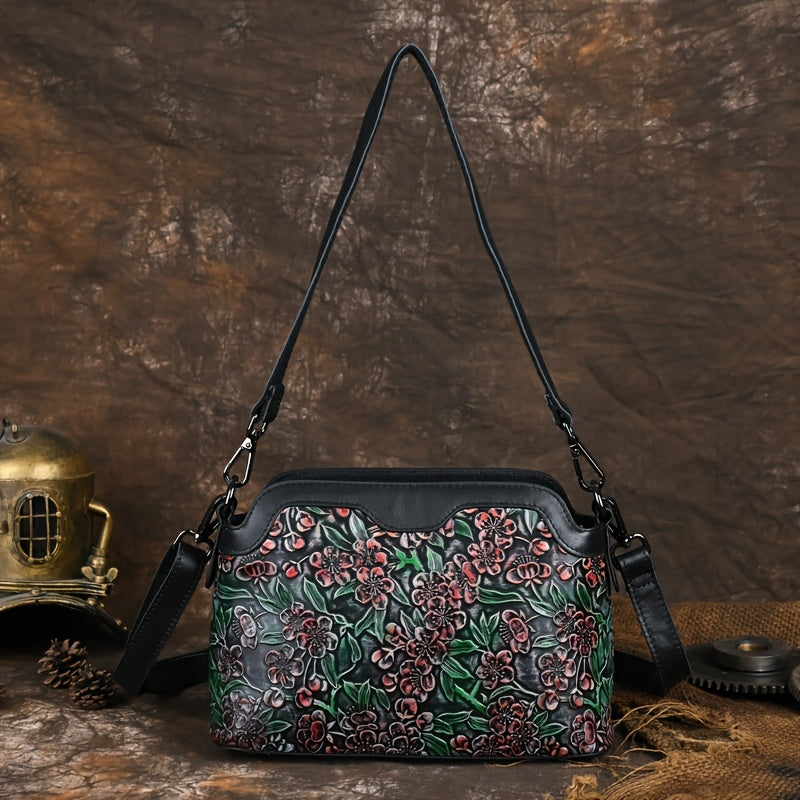 Floral Pattern Leather Crossbody Shoulder Bag Zipper Closure
