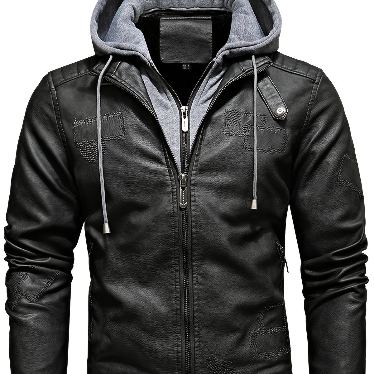 Men's Removable Hooded PU Leather Jacket Slim Fit Zipper Fleece Jacket