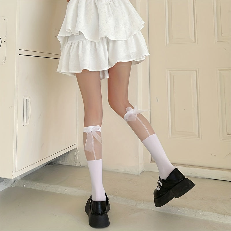2 Pairs Bow Mesh Stitching Calf Socks Knee High Women's Stockings