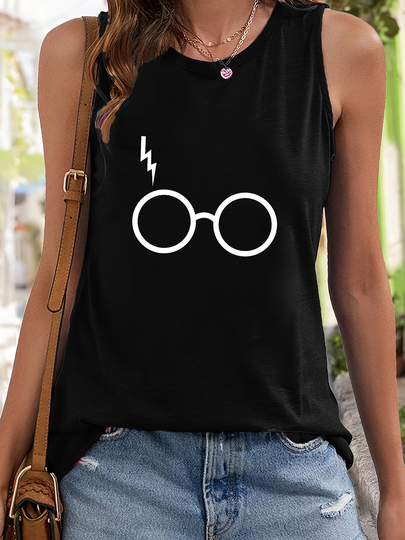 Glasses Print Sleeveless Sports Vest Round Neck Casual Tops