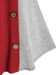  Colorblock Button Decor Hooded Knit Top
