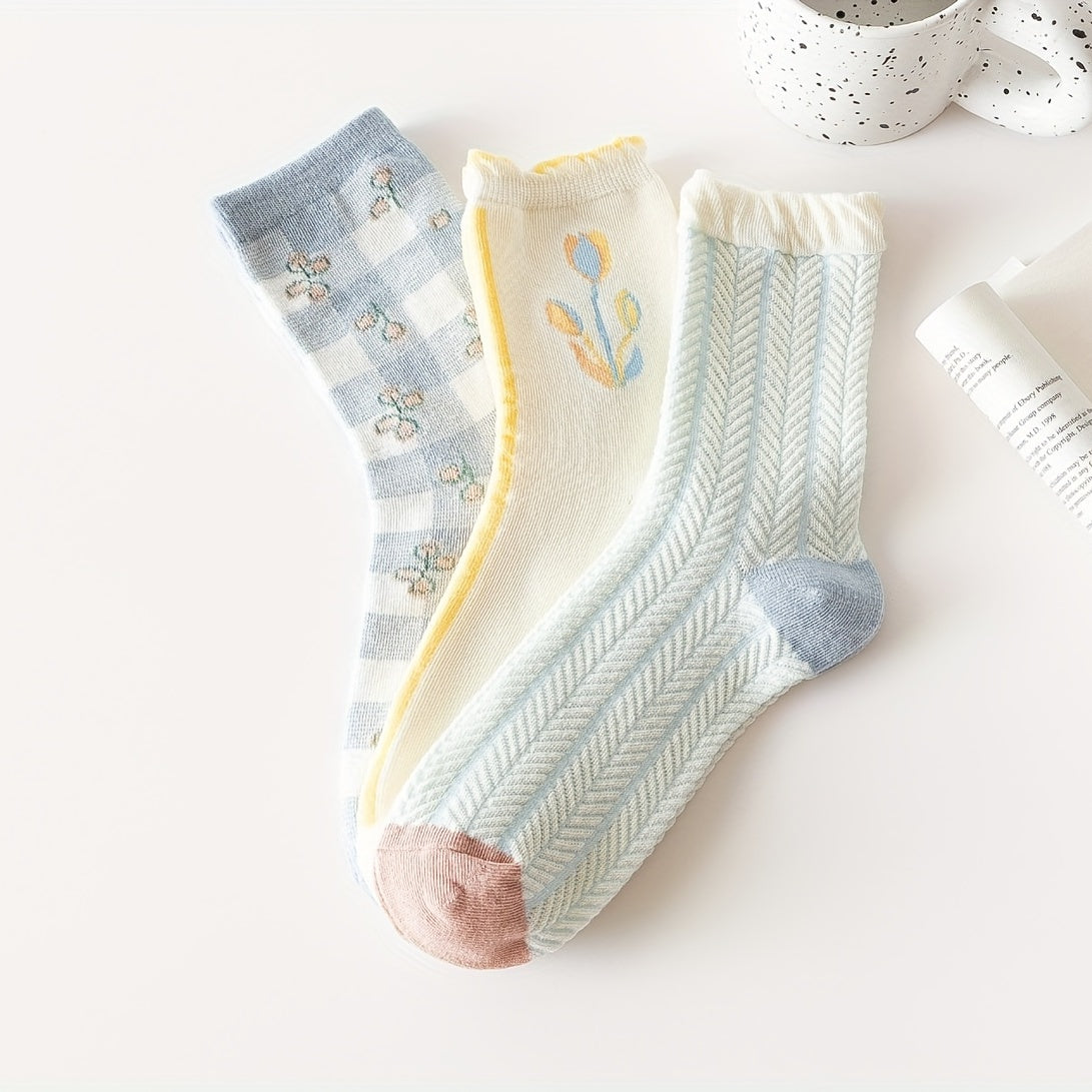 3 Pairs Floral Print Ruffle Socks Mid Tube Women's Stockings
